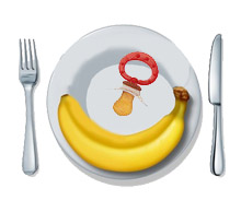 тарелка с бананом и соской